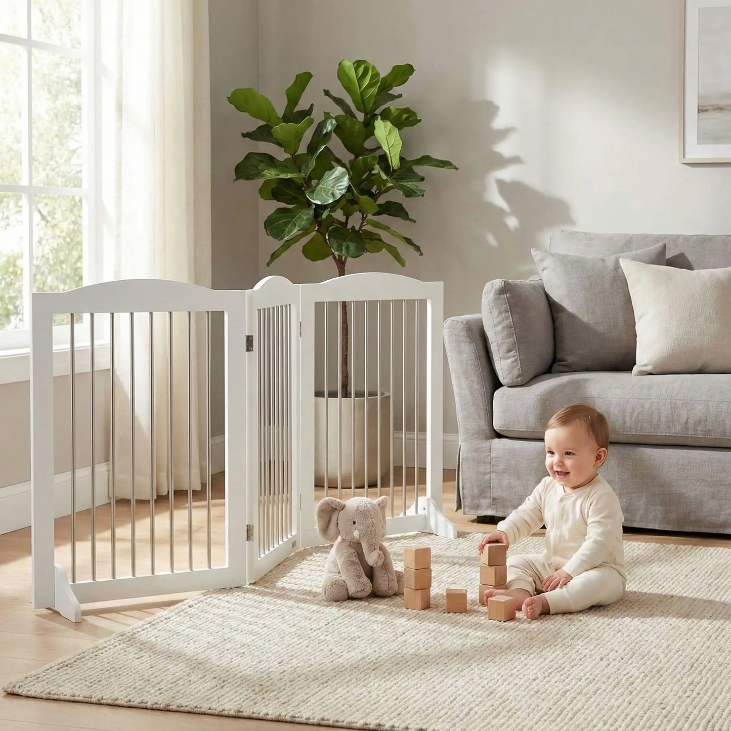 barriere-securite-en-bois-jeu-bebe-tapis-blocs-plush-elephant-salon-voile-tranquille