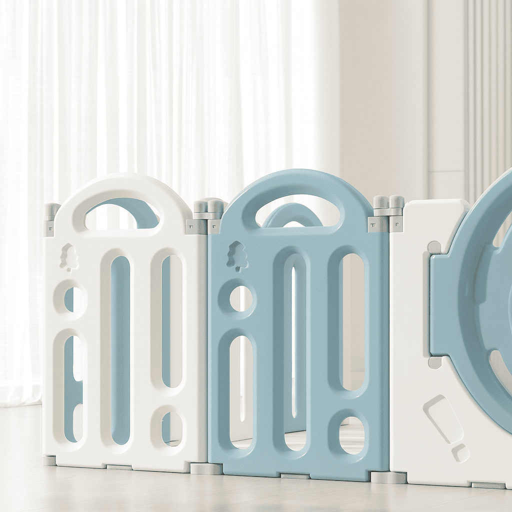 parc-barriere-bebe-panneaux-blancs-bleus-ajourees-interieur-lumineux-sol-clair-tendre-mur