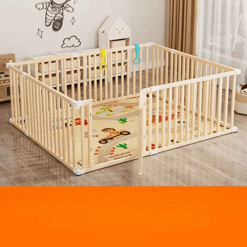parc-barriere-bebe-structure-bois-tapis-colore-acces-ouvert-jouets-suspendus-plume-protectrice