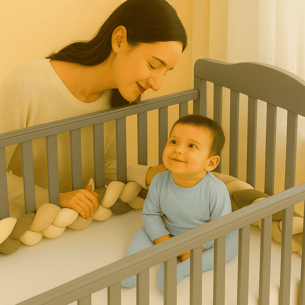 tresse-de-lit-blanc-beige-vert-menthe-dans-lit-gris-avec-bebe-assis-matin-doux