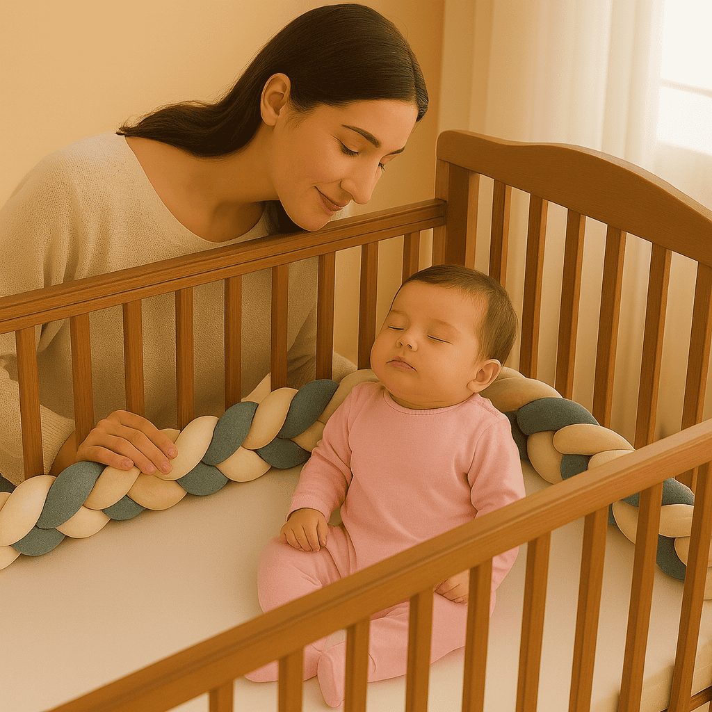 tresse-de-lit-bleu-beige-blanc-dans-lit-bois-avec-bebe-et-maman-songe-calin
