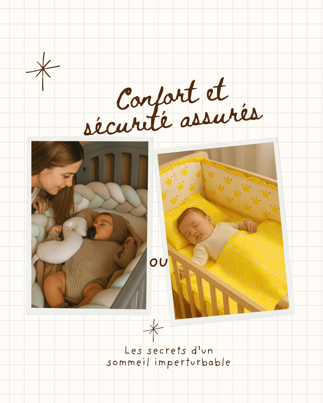 images-comparatives-bebe-serein-dans-berceau-avec-tresse-de-lit-et-bebe-couche-dans-berceau-avec-tour-de-lit-jaune-confort et securite-assures
