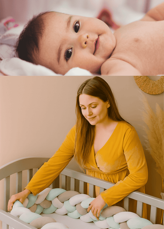 tresse-tour-de-lit-3m-gris-vert-blanc-quatre-brins-dans-berceau-maman-qui-ajuste-image-de-bebe-qui-sourit