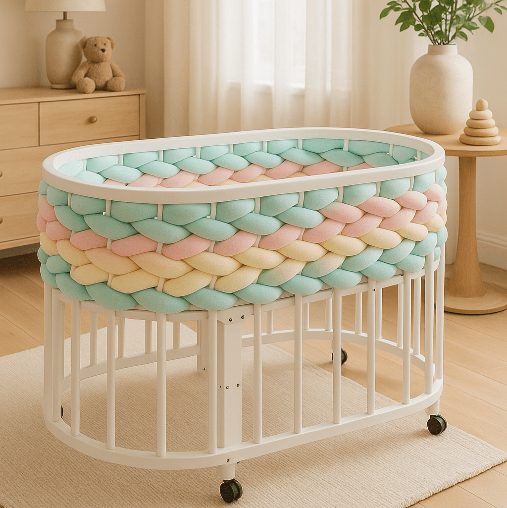 tresse-de-lit-bebe-vert-rose-jaune-tissee-en-design-personnalise-sur-un-berceau-blanc-avec-roulettes