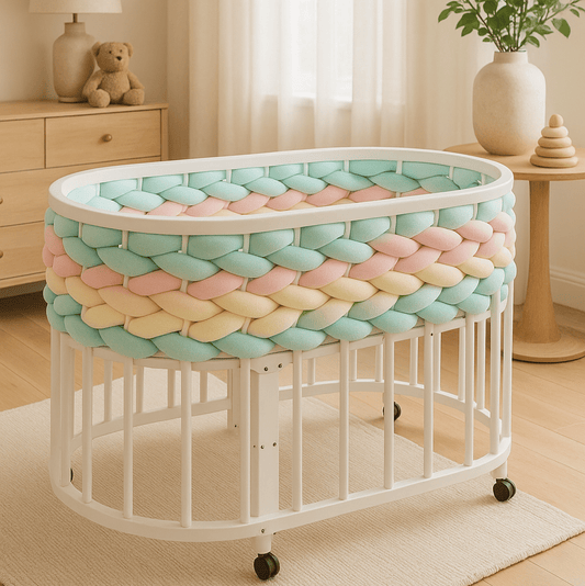 tresse-de-lit-bebe-vert-rose-jaune-tissee-en-design-personnalise-sur-un-berceau-blanc-avec-roulettes