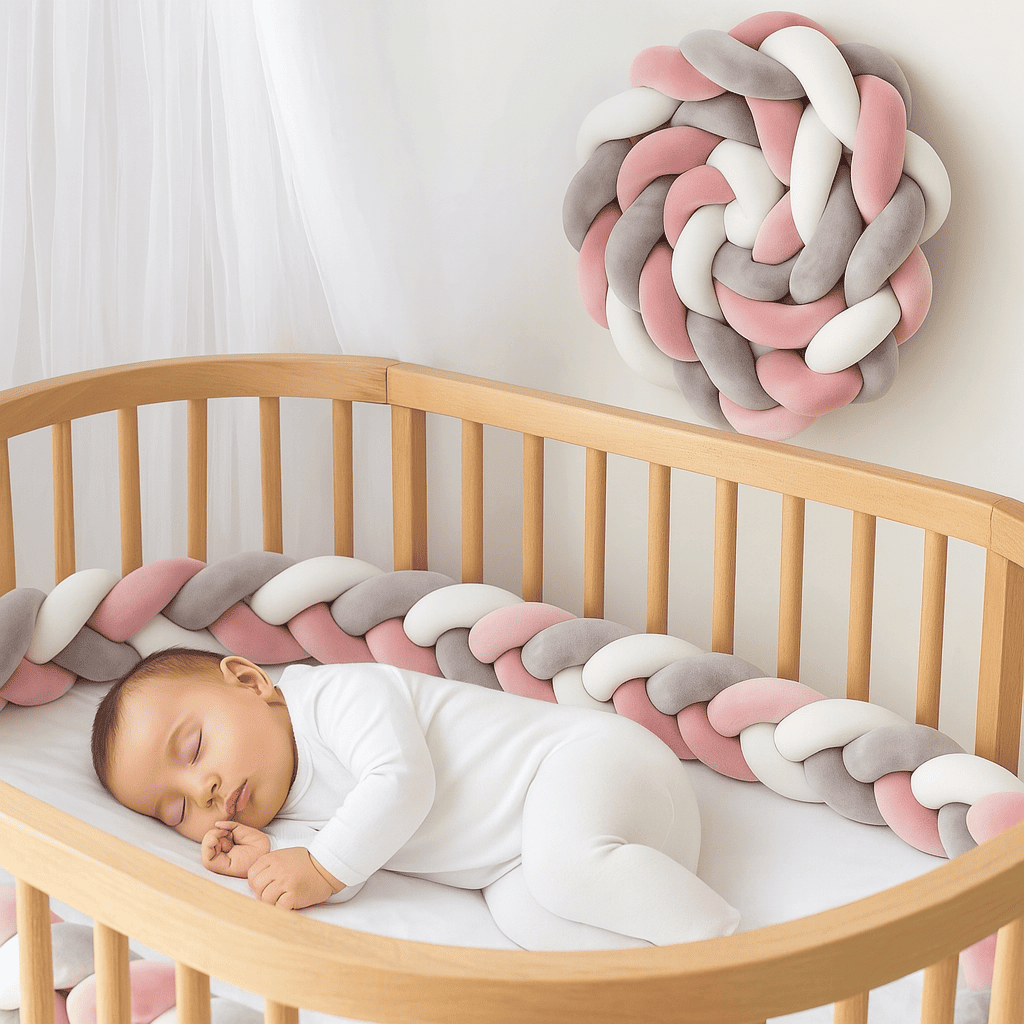 bebe-serein-dans-un-berceau-en-bois-decore-avec-tresse-de-lit-de-couleur-rose-gris-blanc