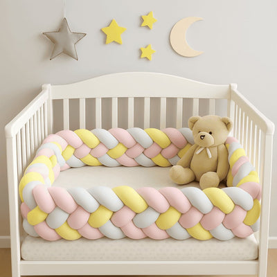 tresse-de-lit-jaune-blanc-rose -de-trois-metres-de-longueur-et-hauteur-entre-treize-et-quinze-centimetres-place-dans-un berceau-blanc-avec-un-petit-ours-en-peluche-mon-bebe-serein