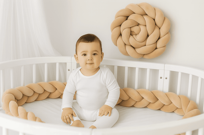 Tresse-de-lit-4m-beige-installee-dans-un-lit-avec-un-bebe-assis-et-souriant-plumecocoon