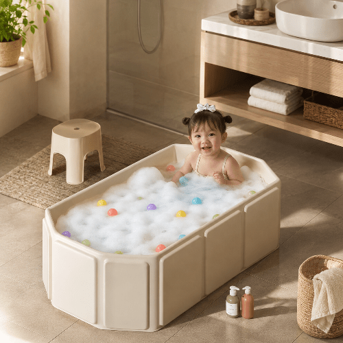 baignoire-bebe-pliable-sur-pied-bebe-souriant-mousse-balles-colorees-bain-halo-d-eau