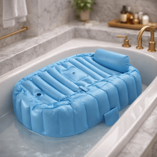 baignoire-bebe-pliable-sur-pied-insert-marbre-luxe-robinet-dore-salle-lueur-bleue