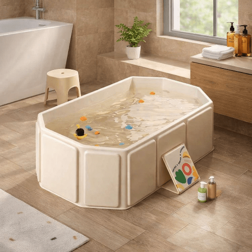 baignoire-bebe-pliable-sur-pied-remplie-eau-jouets-salle-bain-securise-halo-d-eau