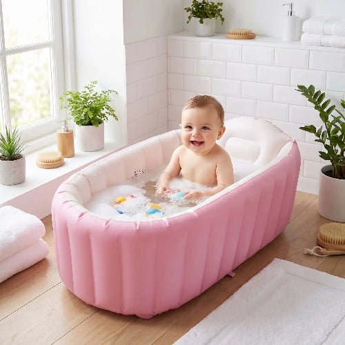 baignoire-bebe-pliable-sur-pied-rose-bebe-souriant-mousse-jouets-bain-lueur-bleue