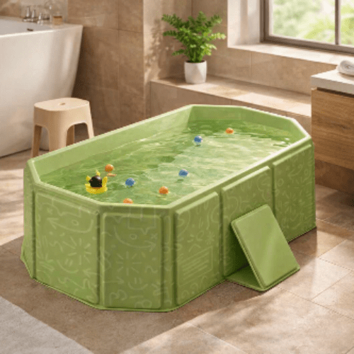 baignoire-bebe-pliable-sur-pied-verte-octogonale-balles-jouets-bain-securise-halo-d-eau
