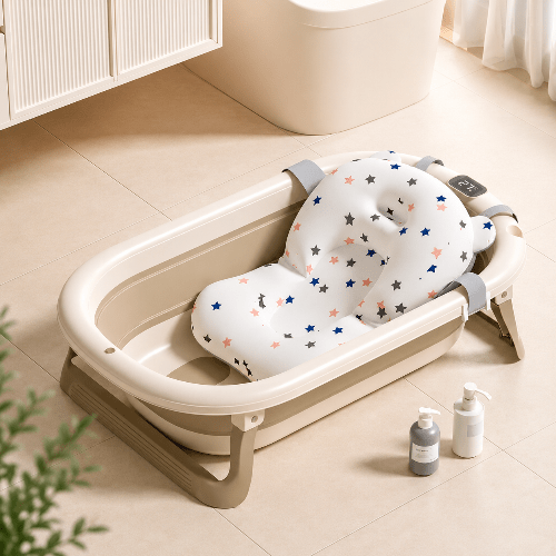 baignoire-bebe-sur-pied-pliable-beige-coussin-etoiles-thermometre-bouteilles-bain-brume-d-aube