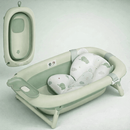 baignoire-bebe-sur-pied-pliable-verte-coussin-elephants-depliee-repliee-duo-ondee-douce