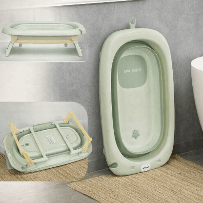 baignoire-bebe-sur-pied-pliable-verte-deux-vues-ouverte-appuyee-mur-ondee-douce