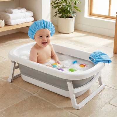 baignoire-pliable-bain-bebe-mousse-jouets-casquette-bleue-plaisir-bain-nuage-liquide