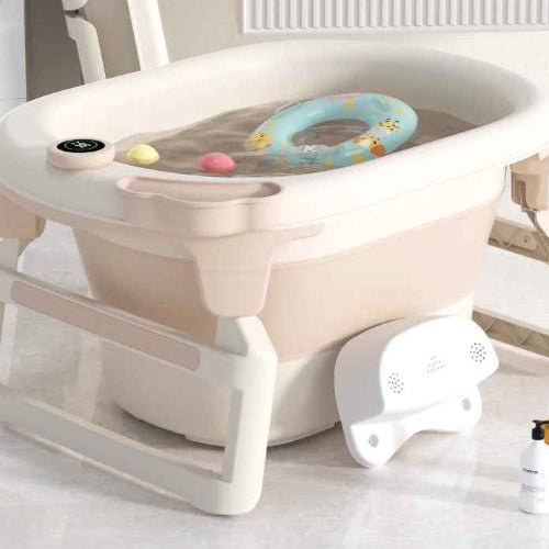 baignoire-pliable-pour-bebe-beige-bouee-girafe-balles-tabouret-huiles-bain-serenite-bleutee