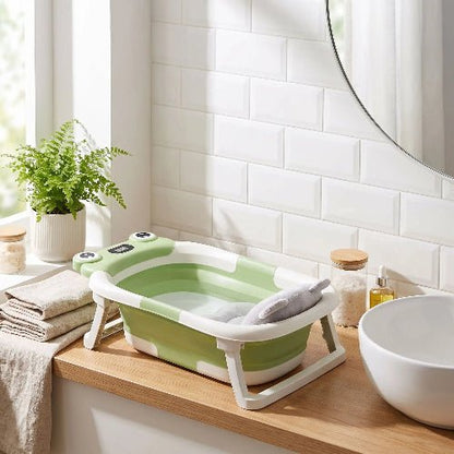 baignoire-pliable-pour-bebe-frog-vert-blanc-decor-naturel-serviettes-et-plantes-etreinte-d-ocean