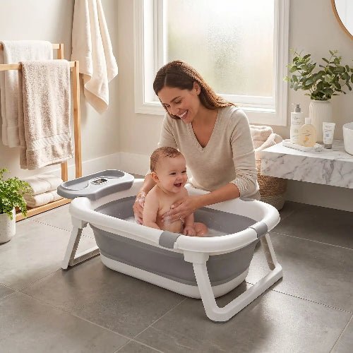 baignoire-pliable-pour-bebe-gris-blanc-bain-bebe-sourire-moment-tendresse-salle-de-bain-etreinte-d-ocean