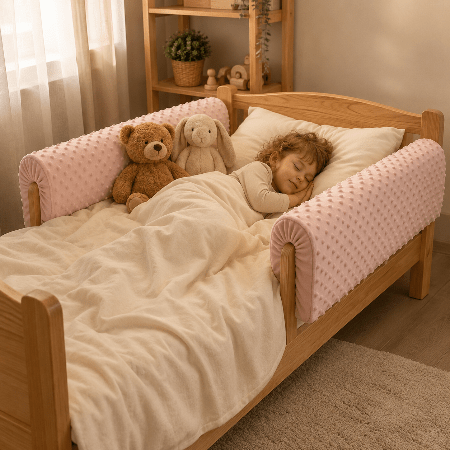 barriere-de-lit-fillette-endormie-avec-peluches-lit-bois-clair-aurore-douce