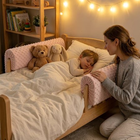barriere-de-lit-maman-veille-garcon-endormi-lit-rails-roses-aurore-douce