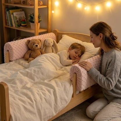 barriere-de-lit-maman-veille-garcon-endormi-lit-rails-roses-aurore-douce