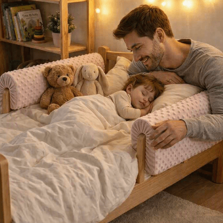 barriere-de-lit-papa-veille-fillette-endormie-lit-rails-roses-aurore-douce