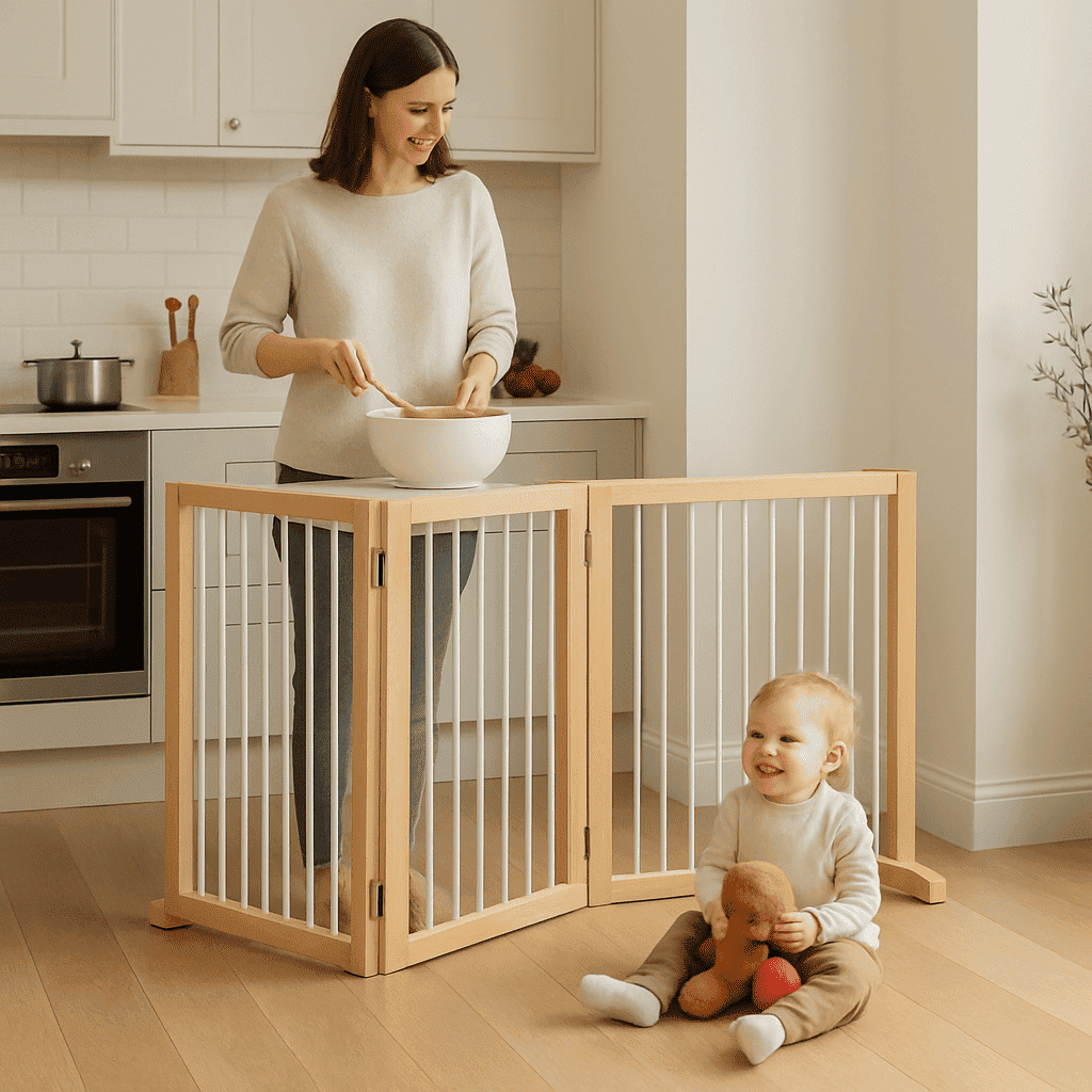 barriere-en-bois-escalier-bebe-au-sol-jouet-cuisine-parent-derriere-kidsecure