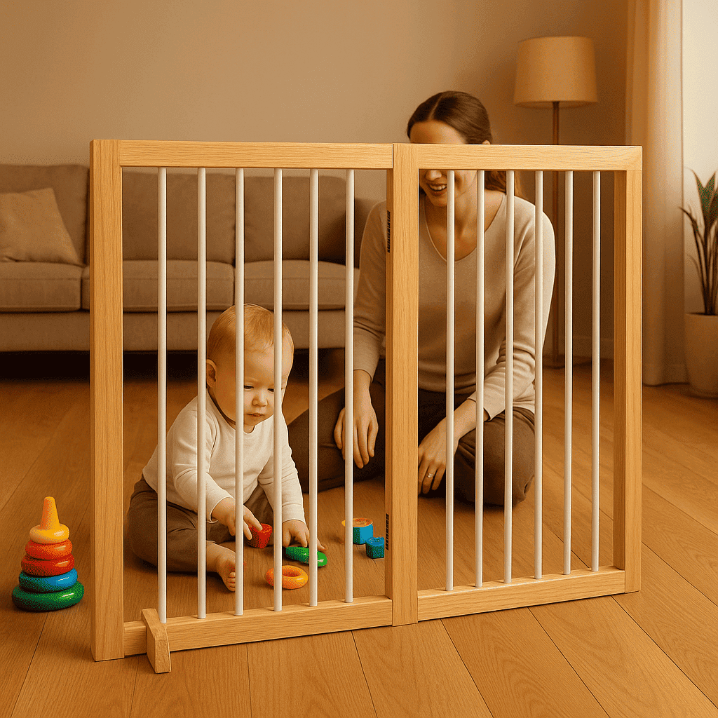 barriere-en-bois-escalier-bebe-avec-jouets-colores-interaction-parent-berce-securite