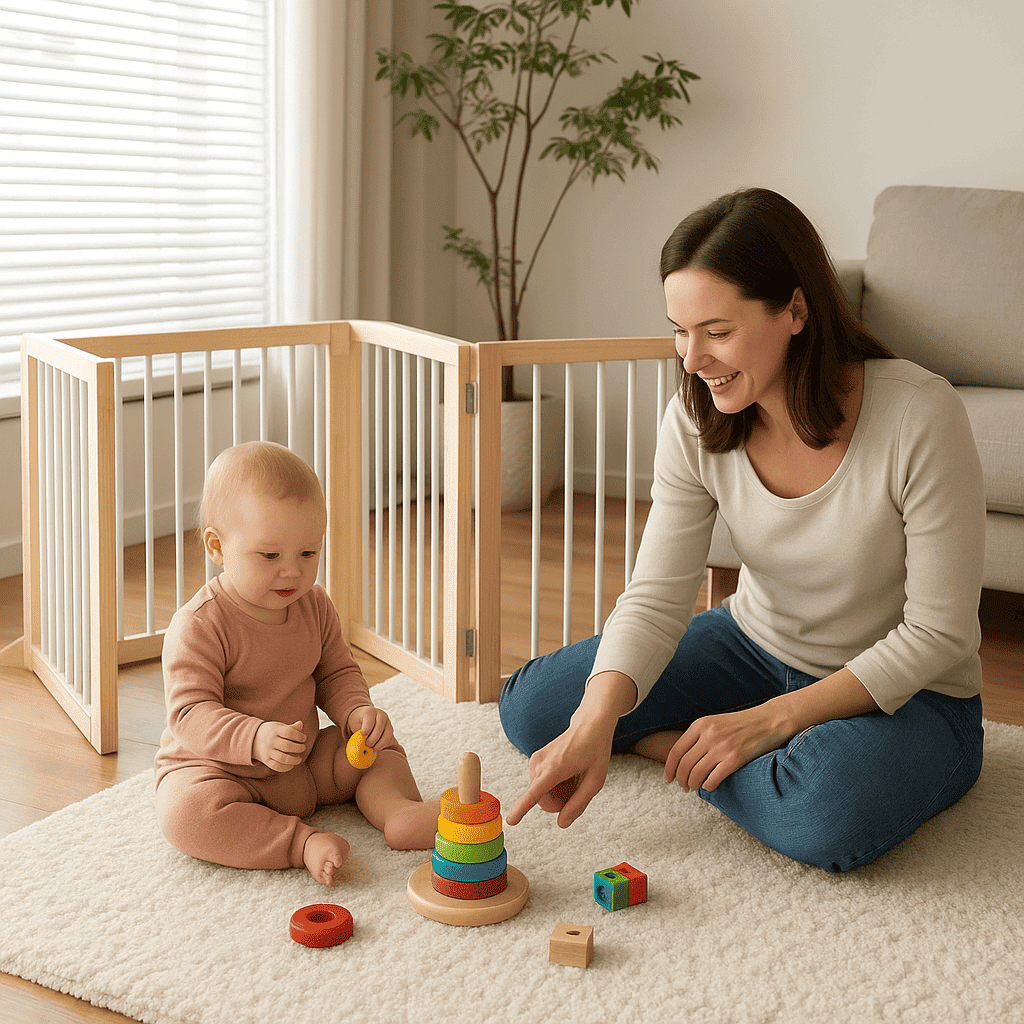 barriere-en-bois-escalier-bois-blanc-bebe-jeu-tapis-blanc-jouets-educatifs-kidsecure