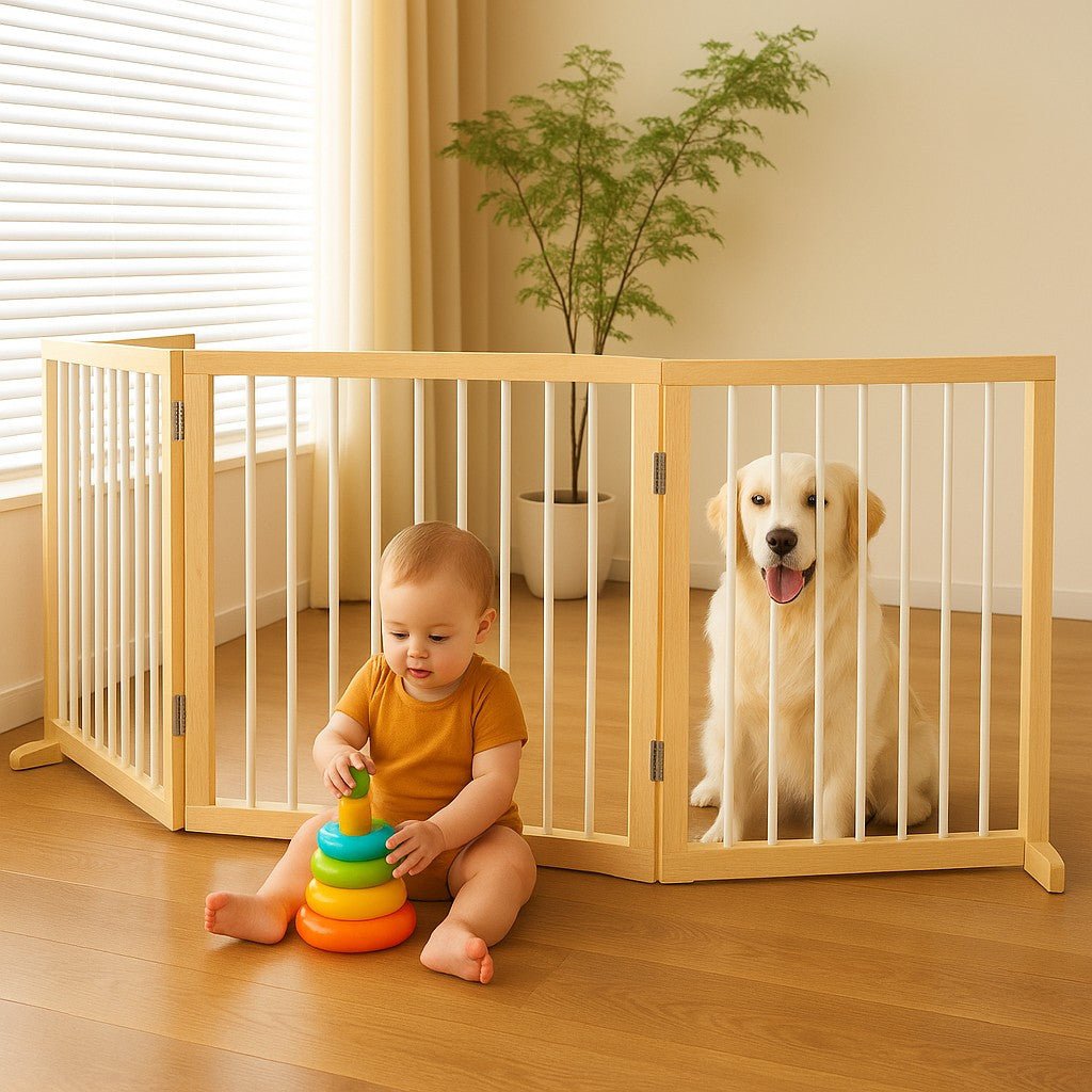 barriere-en-bois-escalier-parc-bebe-assis-jouet-chien-interieur-lumineux-securite-sereine