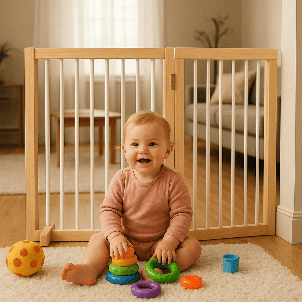 barriere-en-bois-escalier_bebe-assis-dans-salon-lumineux-avec-jouetsl-berce-securite