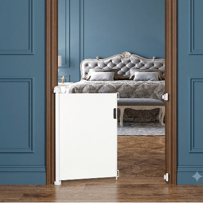 barriere-enfant-grille-blanche-devant-chambre-elegante-porte-bleue-bois-ourson-veilleur