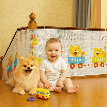 barriere-escalier-bebe-assis-avec-jouet-et-chien-devant-design-colore-acces-doux