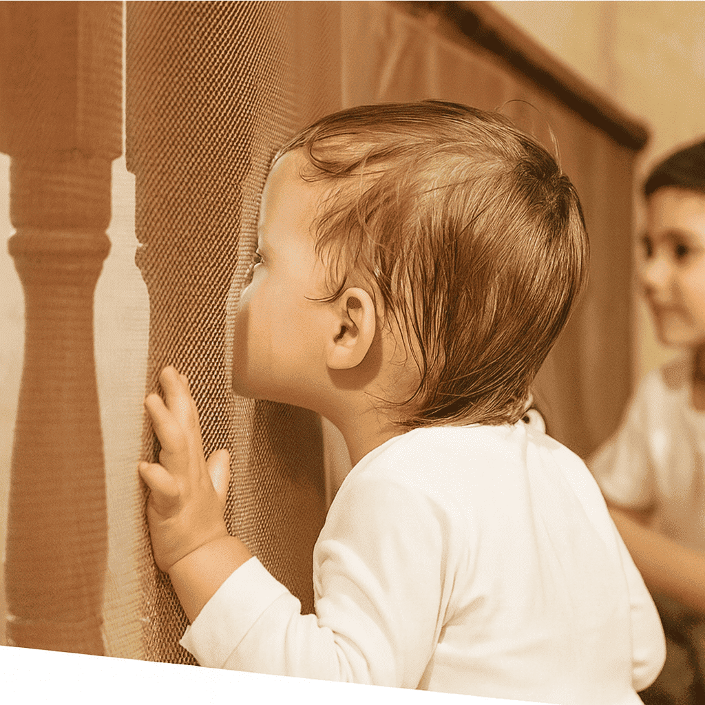 barriere-escalier-bebe-curieux-derriere-filet-protecteur-interieur-chaud-douce-veille