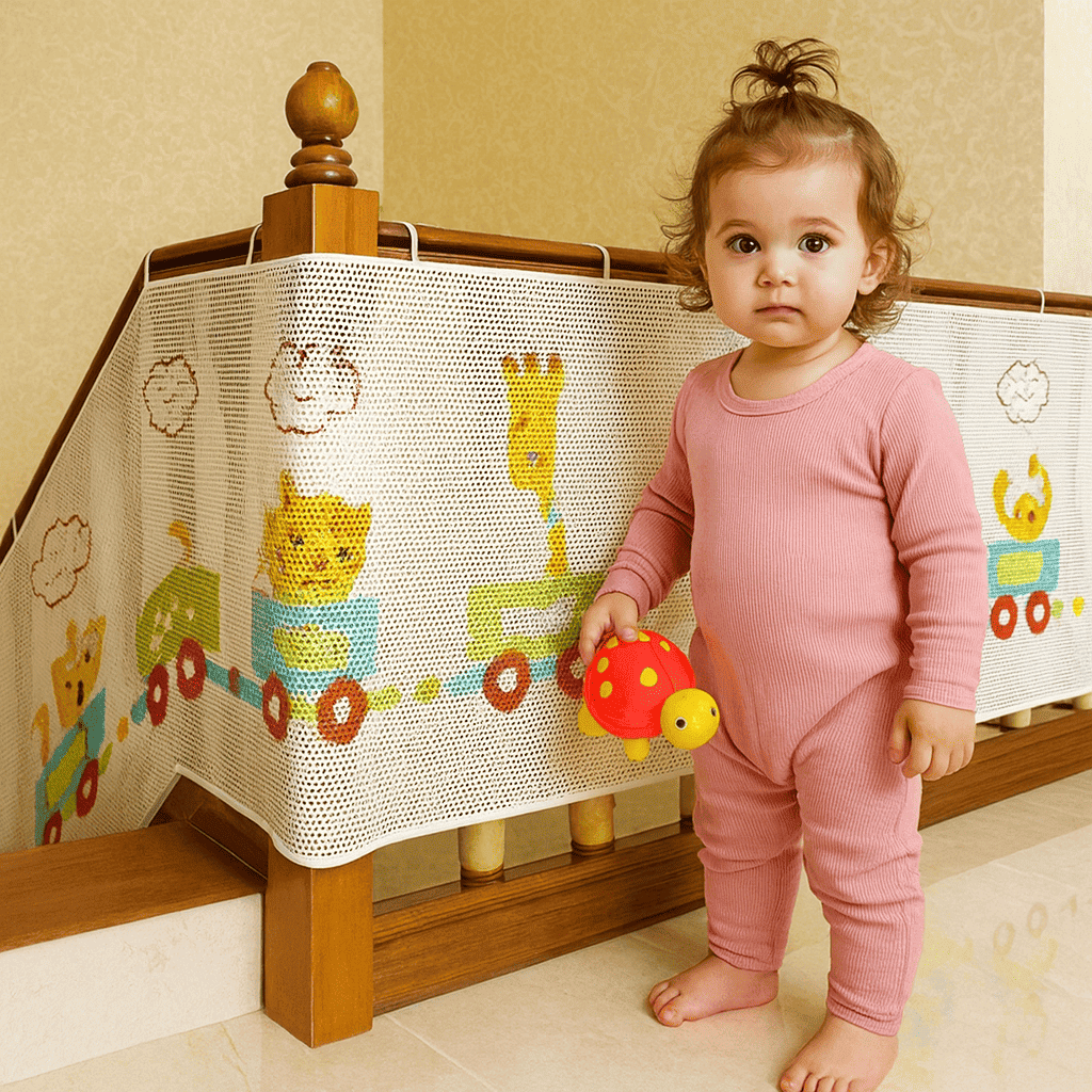 barriere-escalier-blanche-motif-dessin-animes-enfant-place-a-cote-acces-doux