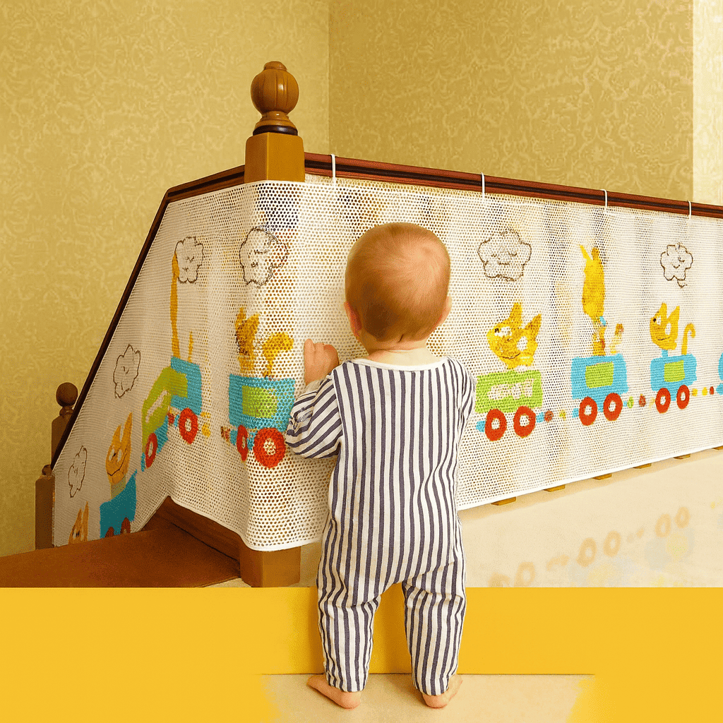 barriere-escalier-blanche-pour-enfant-installee-en-haut-d-escalier-avec-bebe-acces-doux