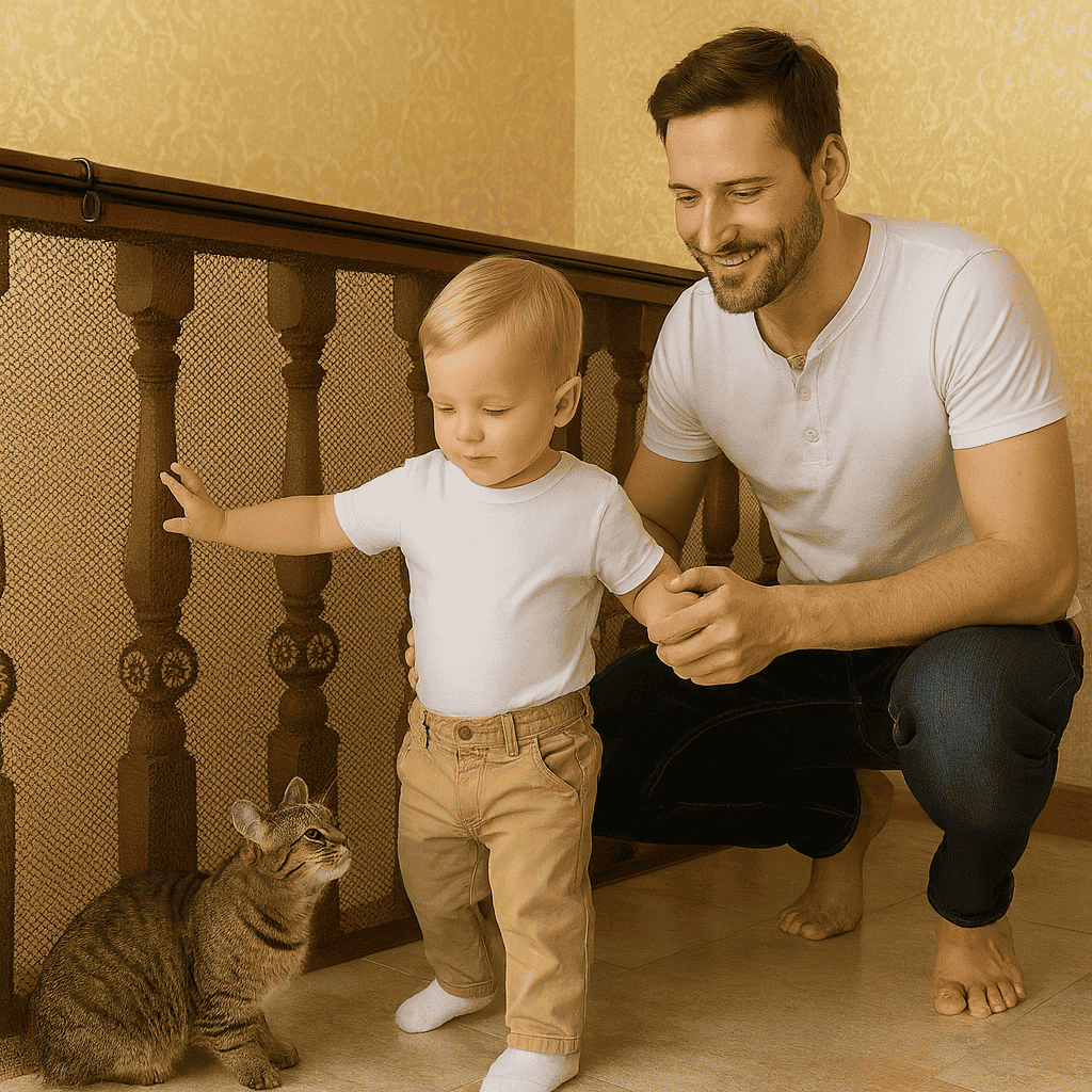 barriere-escalier-bois-filet-marron-enfant-chat-papa-interieur-securise-douce-veille