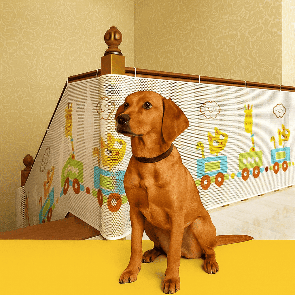 barriere-escalier-chien-assis-devant-motif-train-colore-acces-doux