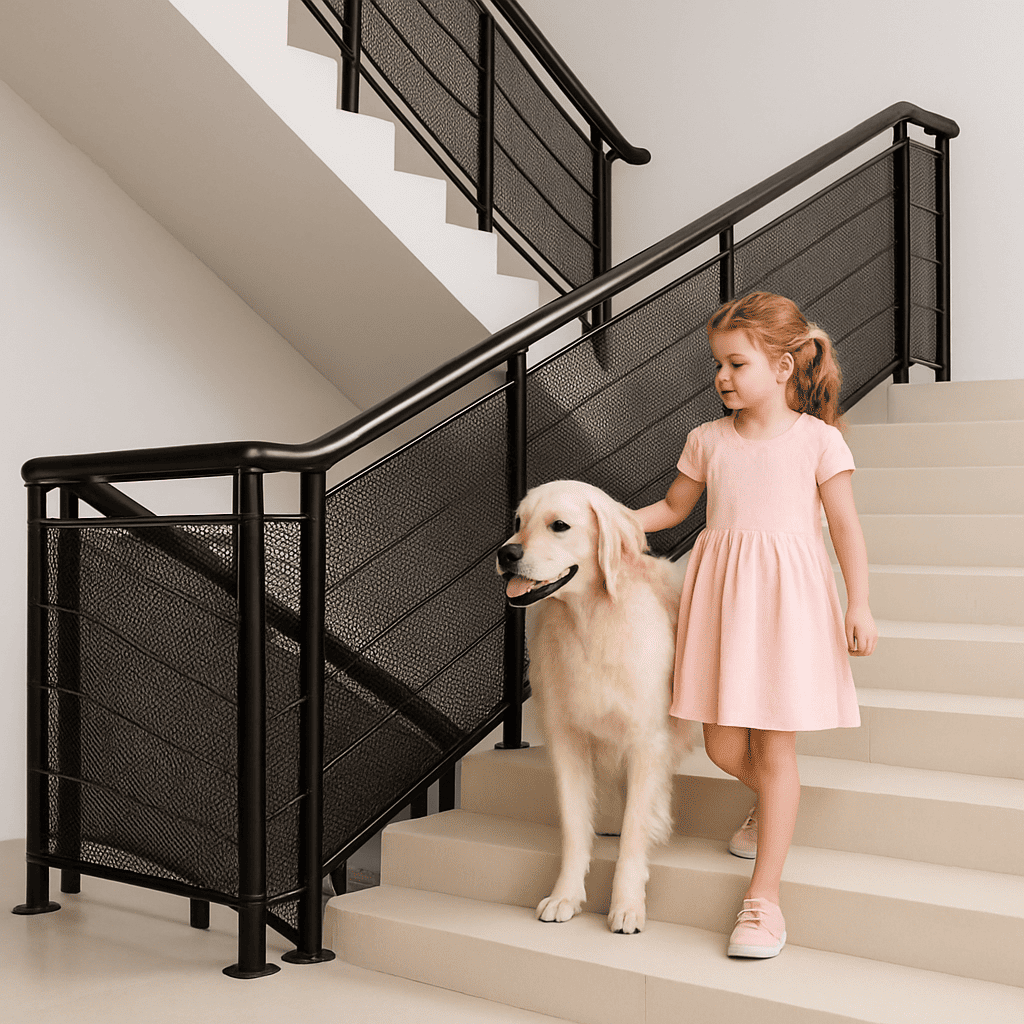barriere-escalier-enfant-avec-chien-blanc-filet-noir-design-moderne-garde-reve