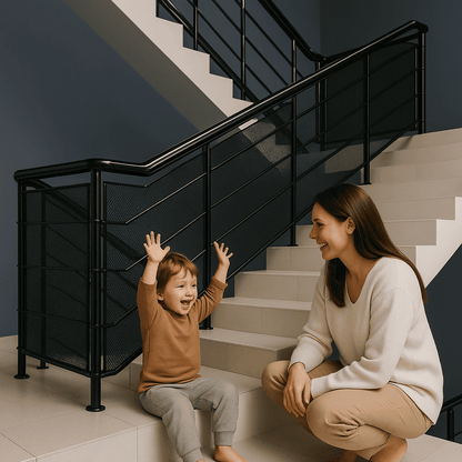 barriere-escalier-filet-noir-enfant-assis-avec-adulte-mur-bleu-garde-reve