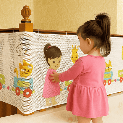 barriere-escalier-fillette-en-robe-rose-devant-decoration-coloree-acces-doux