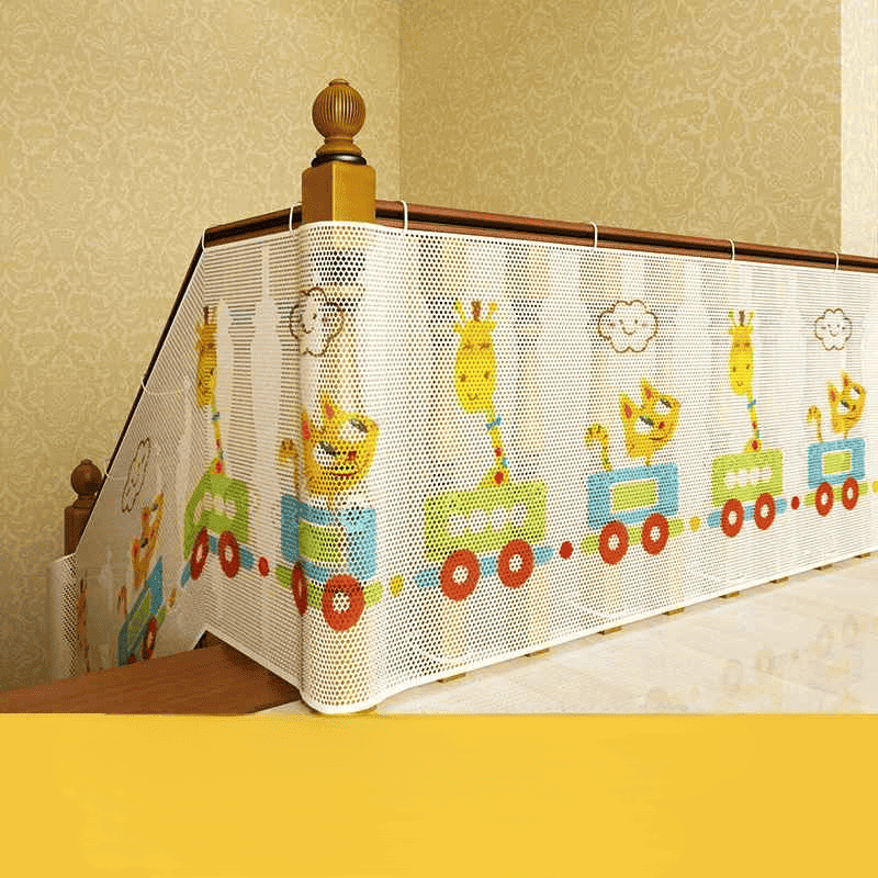 barriere-escalier-fillette-en-robe-rose-devant-decoration-coloree-acces-doux