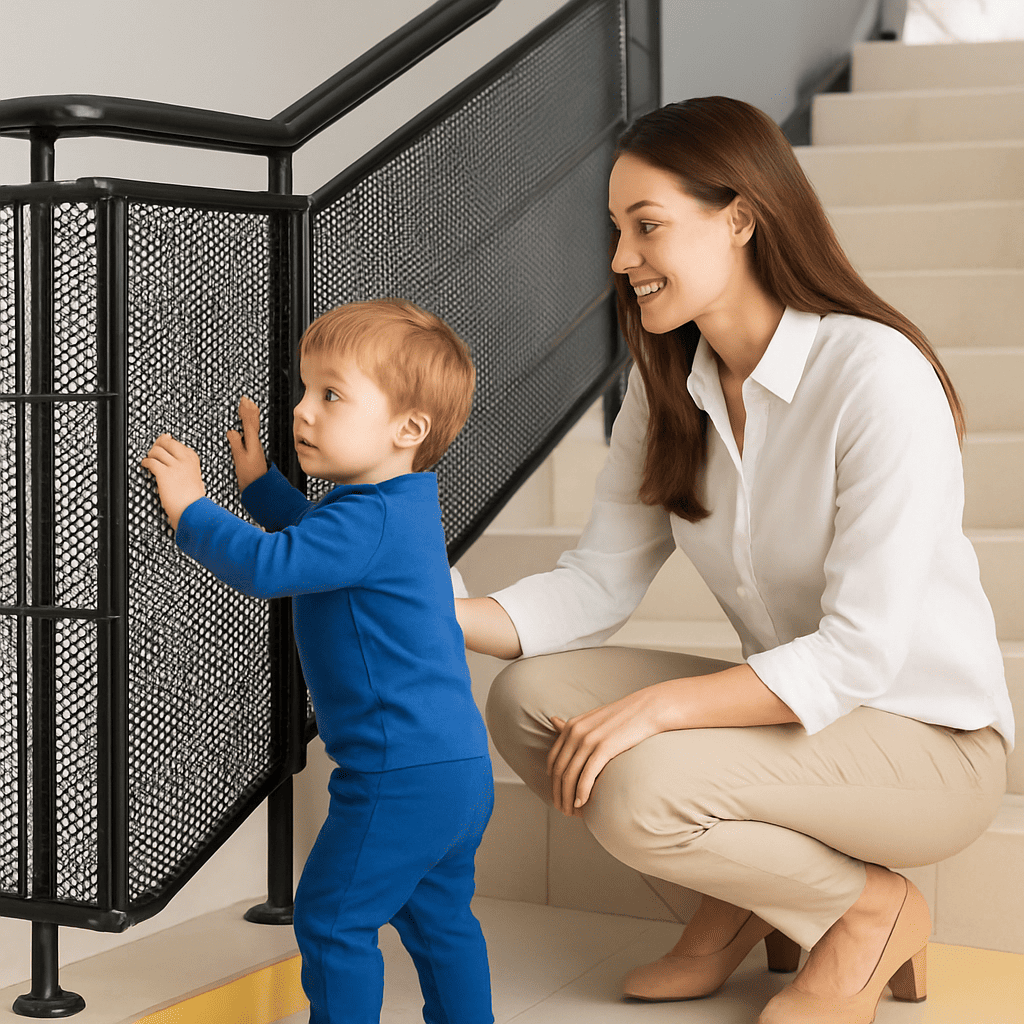 barriere-escalier-securite-maison-antichute-protection-bebe-avec-maman-surveillant-etage-garde-reve