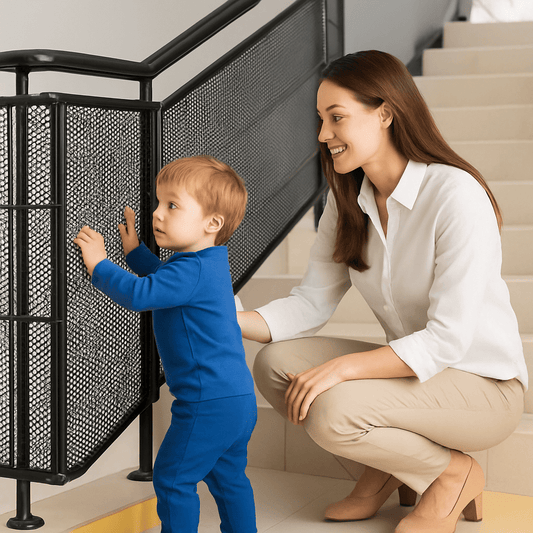 barriere-escalier-securite-maison-antichute-protection-bebe-avec-maman-surveillant-etage-garde-reve