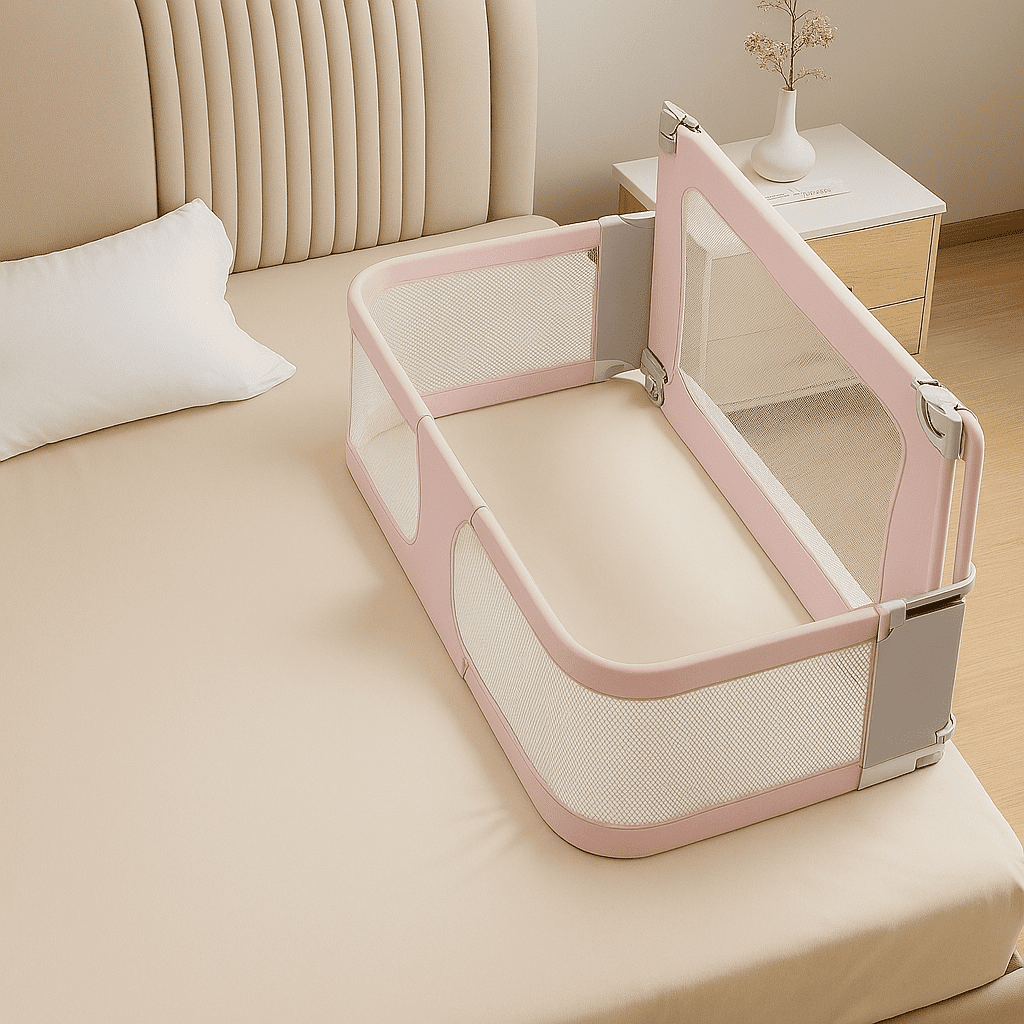 barriere-lit-bebe-pliable-couleur-rose-berceau-fixee-sur-un-lit-bulle-de-bebe