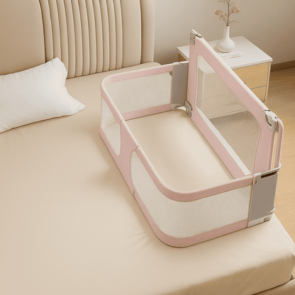 barriere-lit-bebe-pliable-couleur-rose-berceau-fixee-sur-un-lit-bulle-de-bebe
