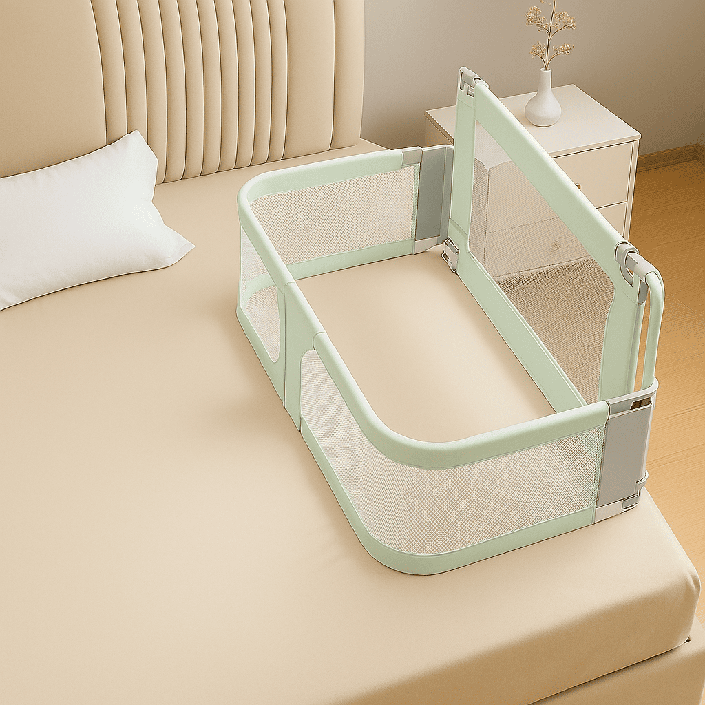 barriere-lit-bebe-pliable-couleur-verte-berceau-fixee-sur-un-lit-bulle-de-bebe