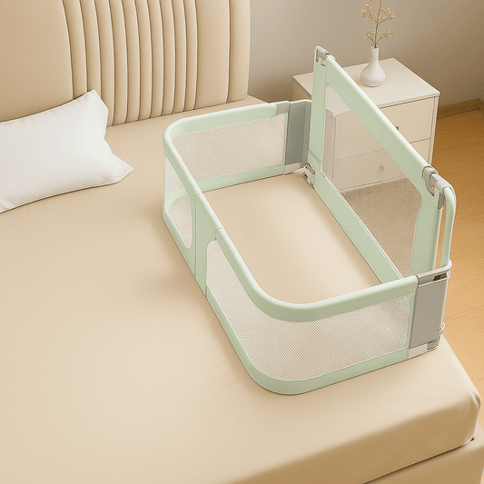 barriere-lit-bebe-pliable-couleur-verte-berceau-fixee-sur-un-lit-bulle-de-bebe